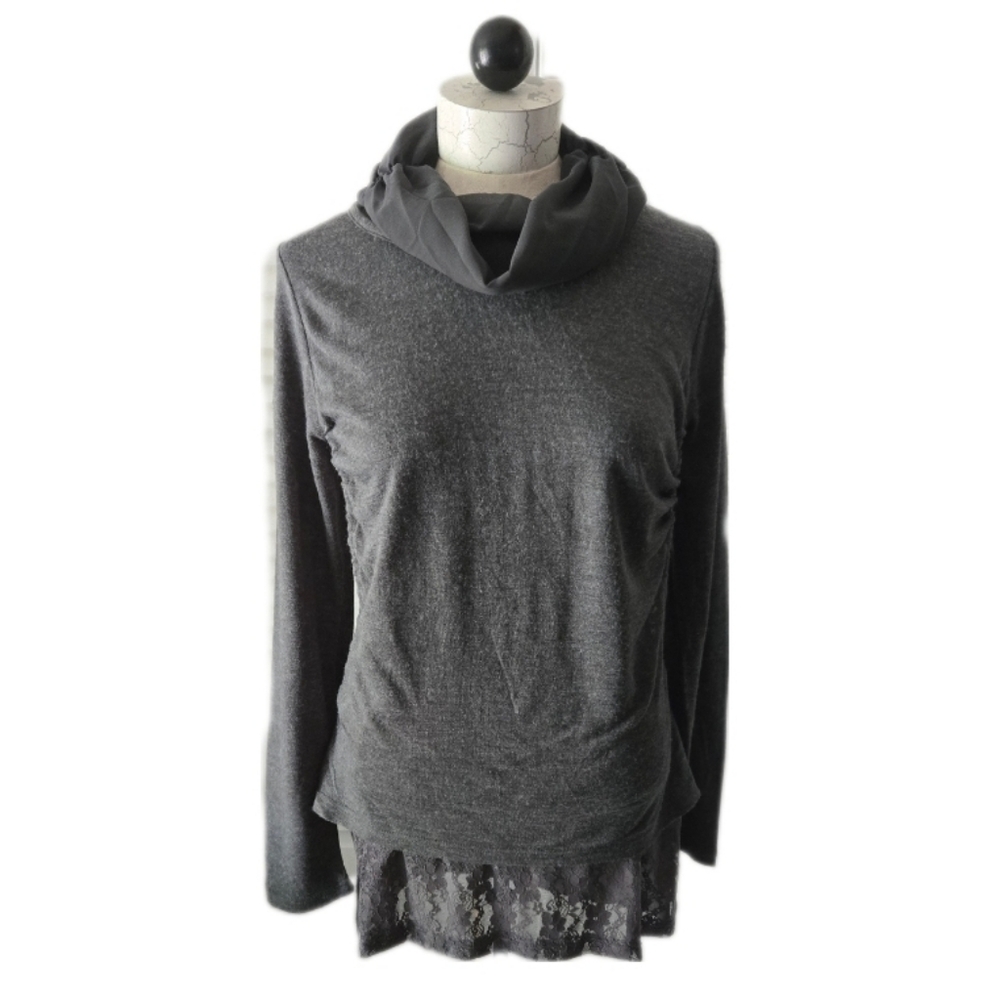 A’reve Gray Lace Trim Hoodie Tunic Top Small